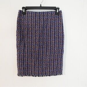 Ann Taylor Petite Tweed Pencil Skirt Blue Multicolor Fringe Size 2P